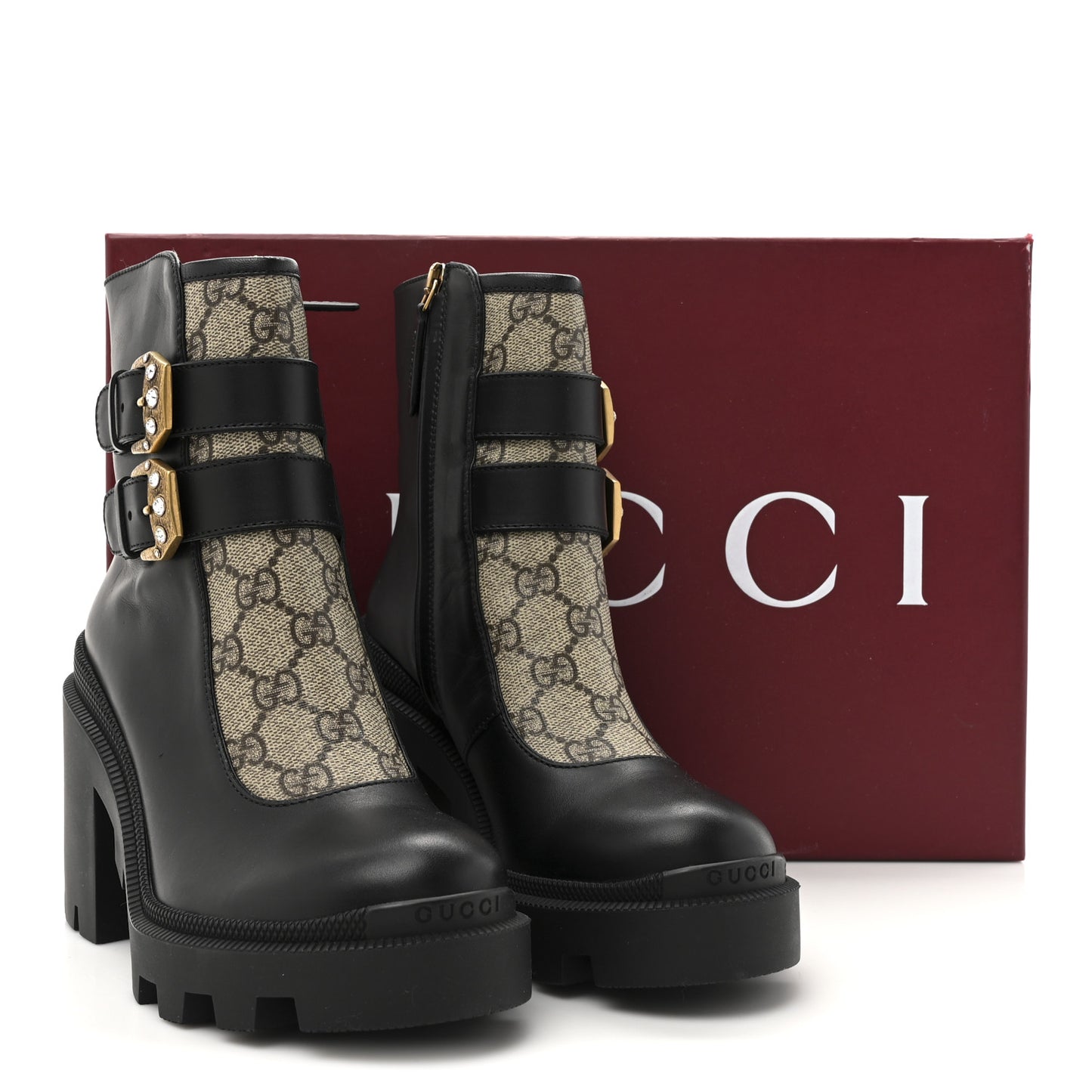 Kensington Calfskin Nappa GG Supreme Monogram Womens Double Buckle Ankle Boots 35 Black