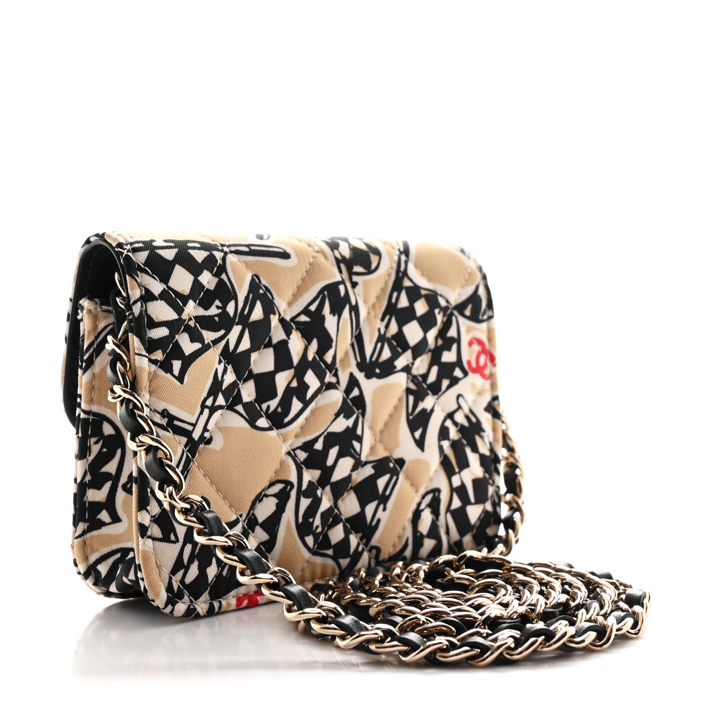 Canvas Check Flag Printed CC Clutch With Chain Beige Multicolor