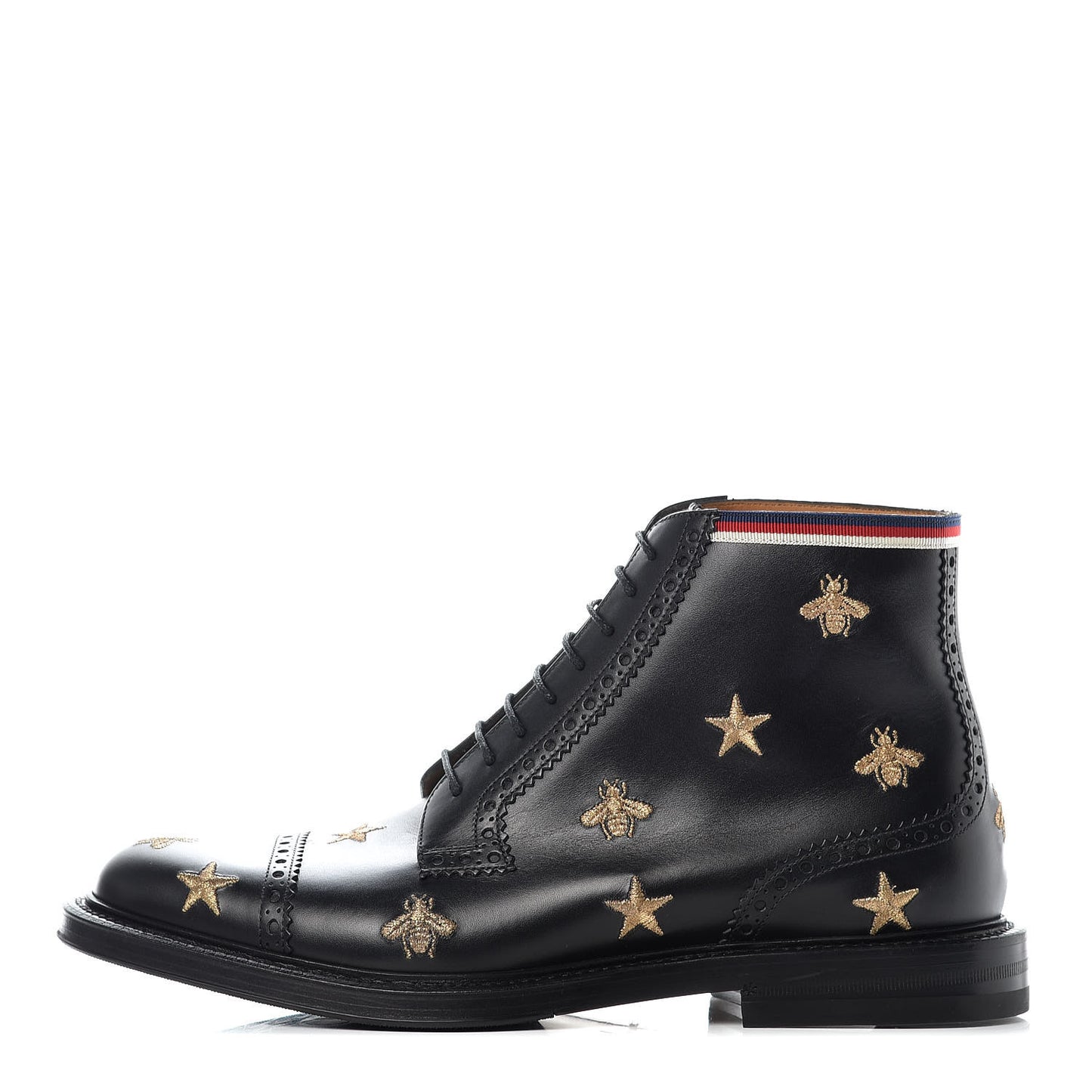 Calfskin Sylvie Web Bee Star Embroidered Mens Brogue Captoe Boots 7.5 Black