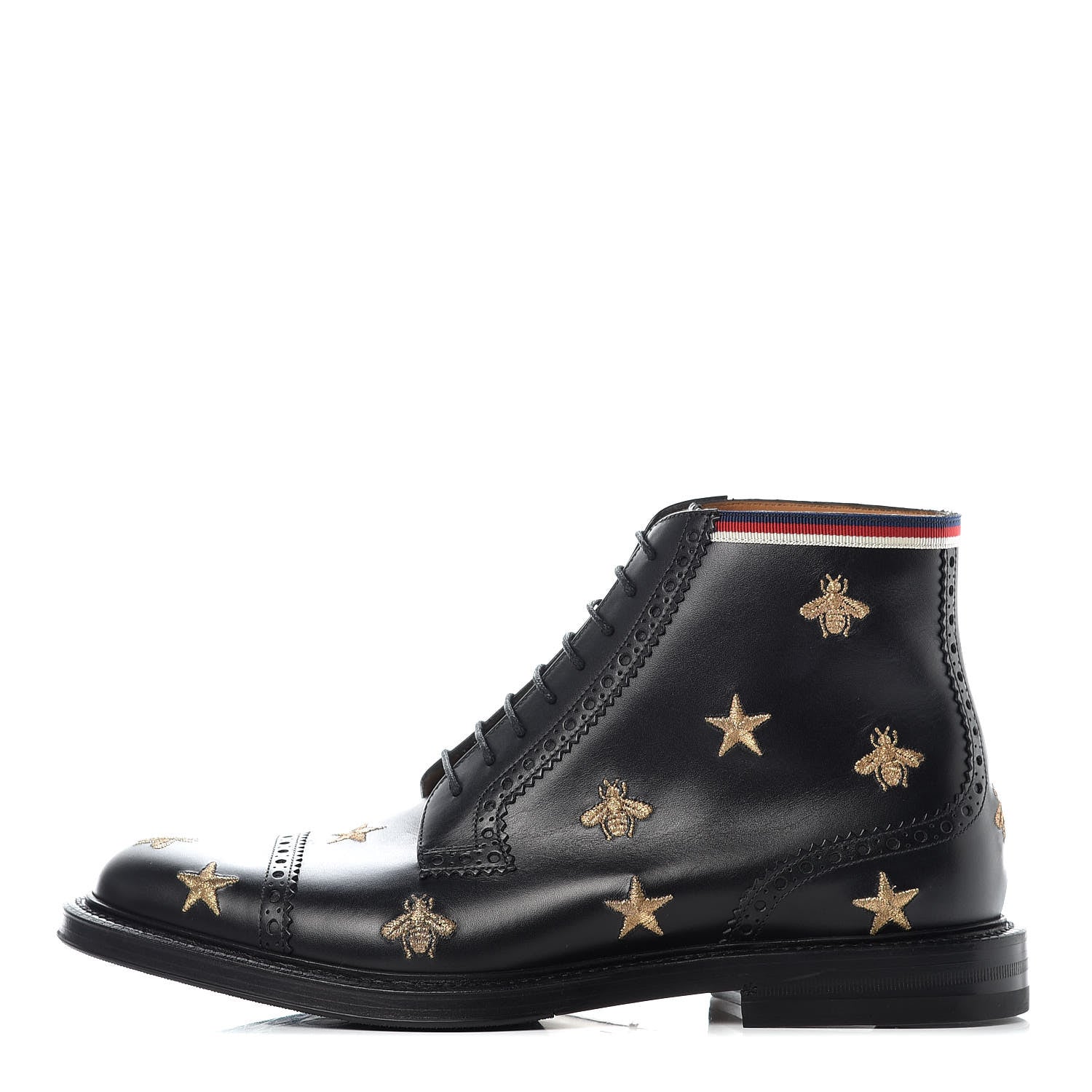 Gucci Calfskin Sylvie Web Bee Star Embroidered Mens Brogue Captoe Boots 7.5 Black 1 of 9