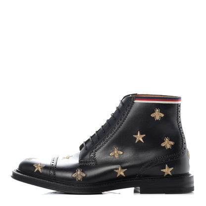 Gucci Calfskin Sylvie Web Bee Star Embroidered Mens Brogue Captoe Boots 7.5 Black 1 of 9