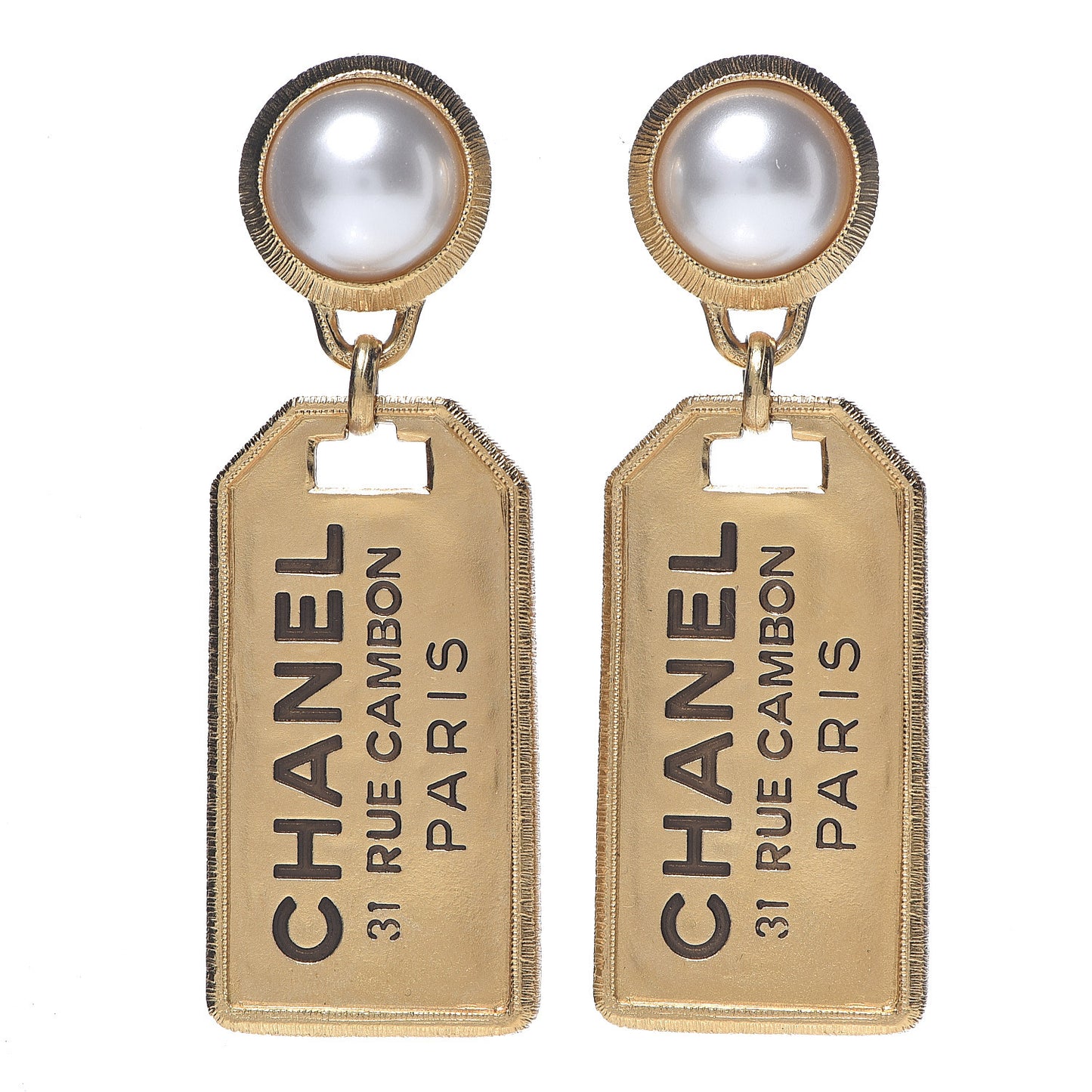 Pearl CC Tags Drop Earrings Gold
