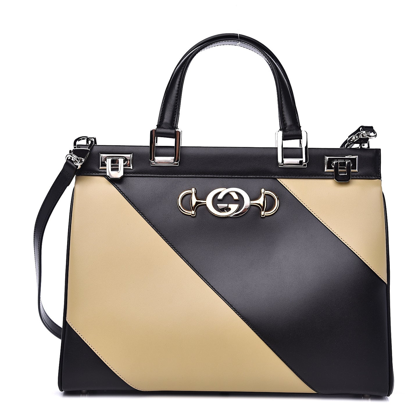 Smooth Calfskin Diagonal Striped Medium Zumi Top Handle Bag Black Beige