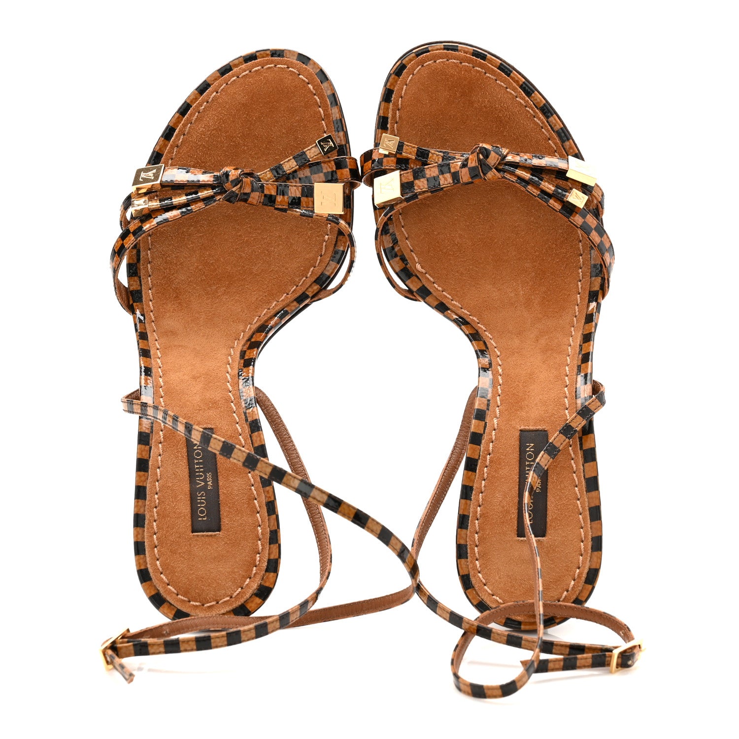 Louis Vuitton Patent Suede Damier Bow Ankle Wrap Sandals 38 5 of 9