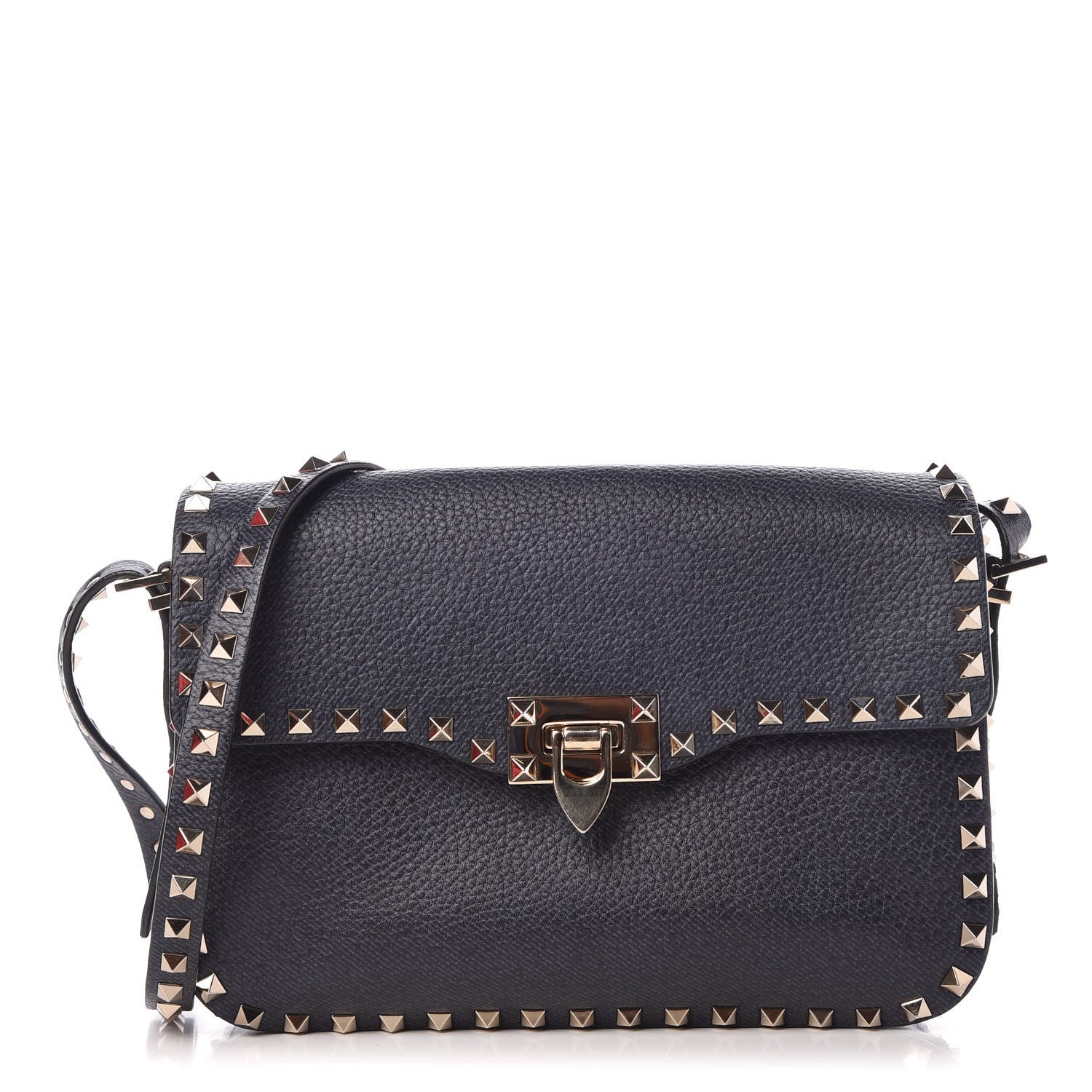 Valentino Garavani Pebbled Calfskin Medium Rockstud Flap Saddle Bag Deep Denim 1 of 7