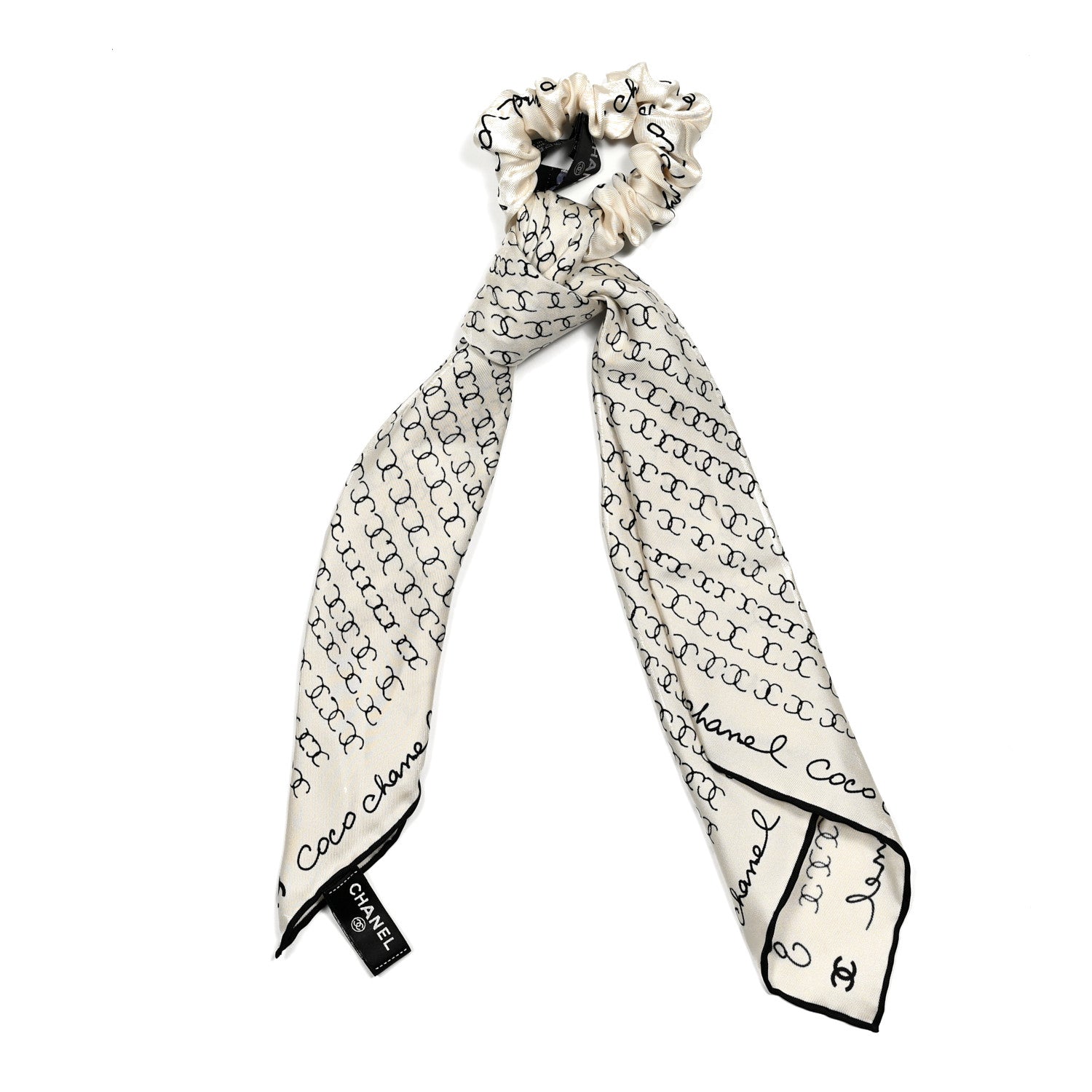 Chanel Silk Twill Square Scarf Hair Tie White Black 2 of 5