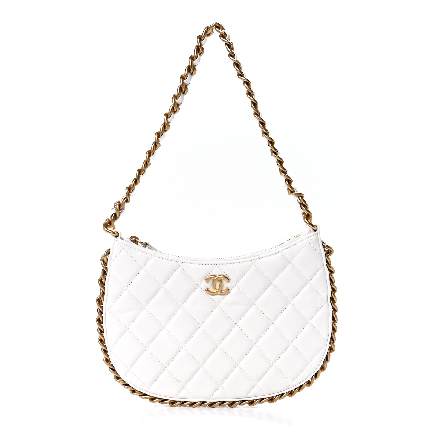 Shiny Crumpled Lambskin Quilted Trendy Chain Around Hobo White
