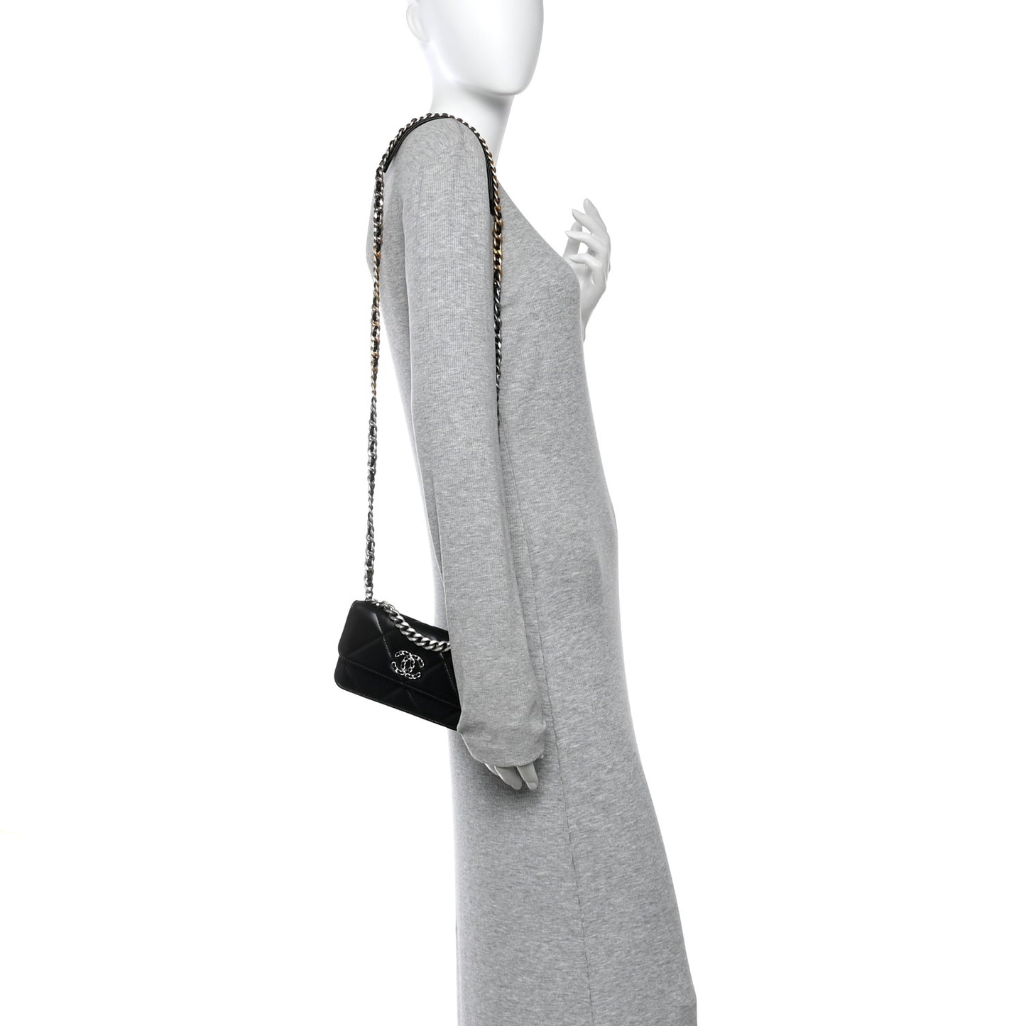 Lambskin Quilted Chanel 19 Flap Phone Holder With Chain Black