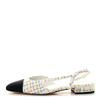 Chanel Tweed Grosgrain Cap Toe CC Slingback Flat 38 White Multicolor 1 of 10