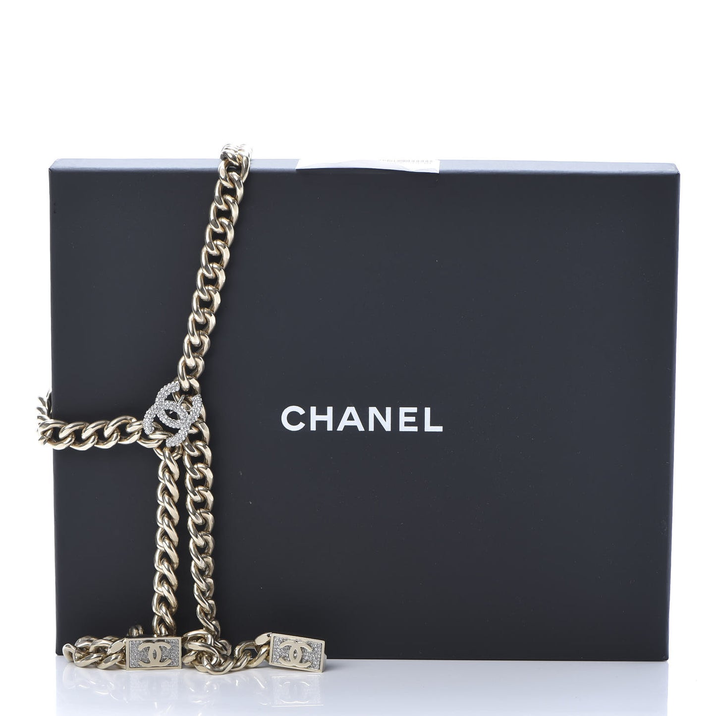Chain Link Crystal CC Dog Tag Charm Necklace Gold