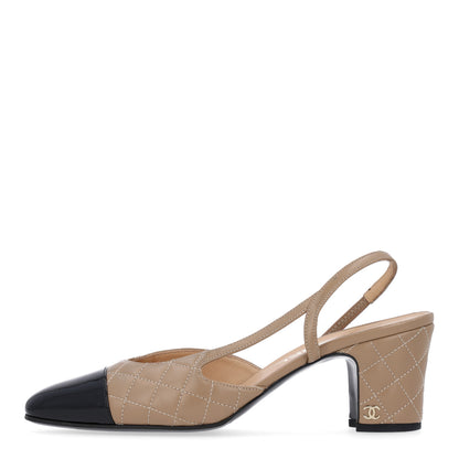 Chanel Lambskin Patent Calfskin Quilted Cap Toe CC Slingback Pumps 38.5 Beige Black 1 of 13