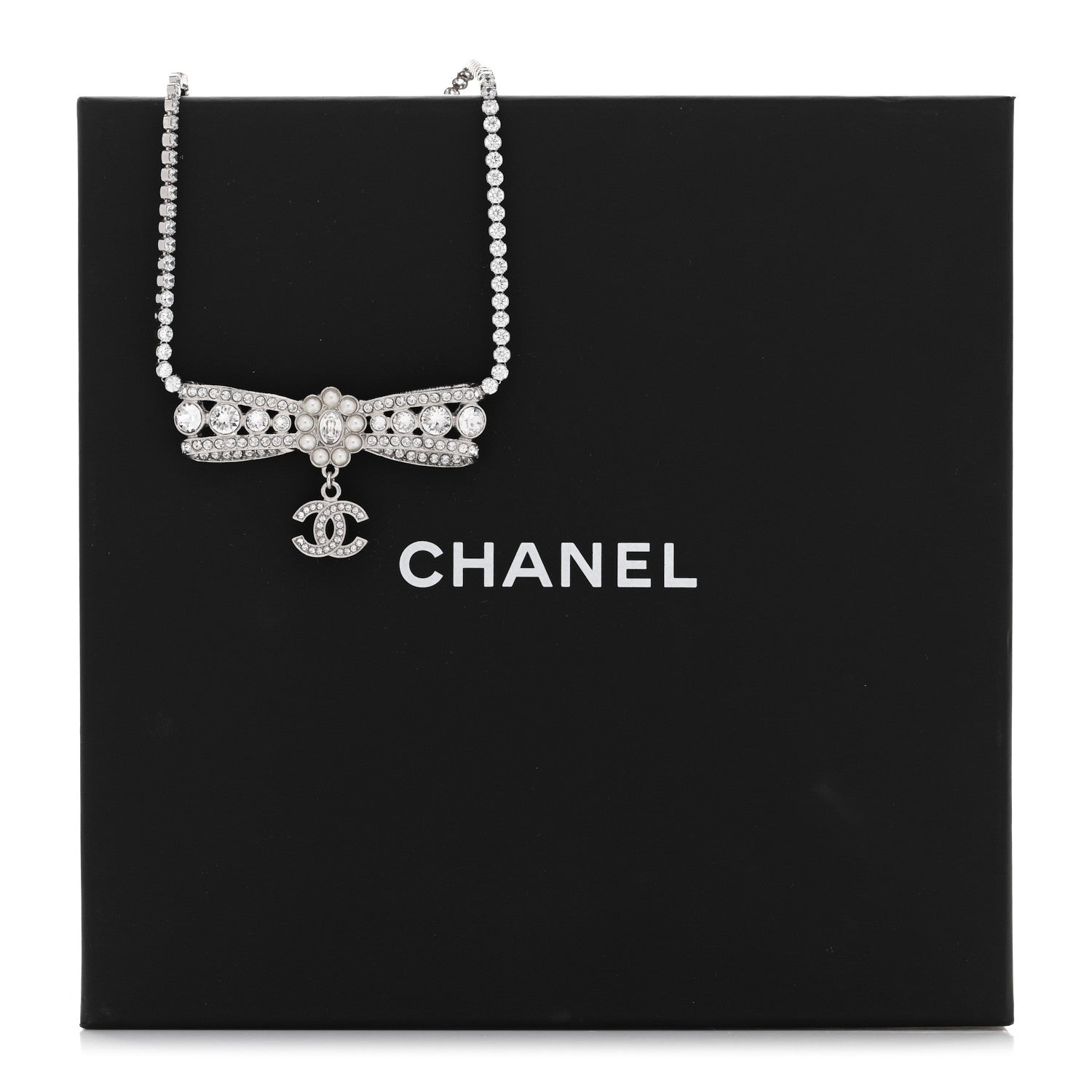 Chanel Crystal Pearl CC Bow Drop Necklace Silver 6 of 6