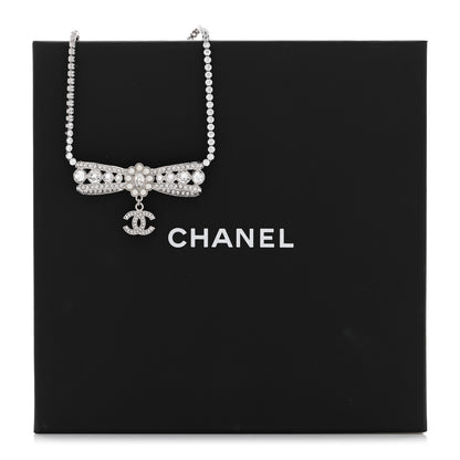 Chanel Crystal Pearl CC Bow Drop Necklace Silver 6 of 6