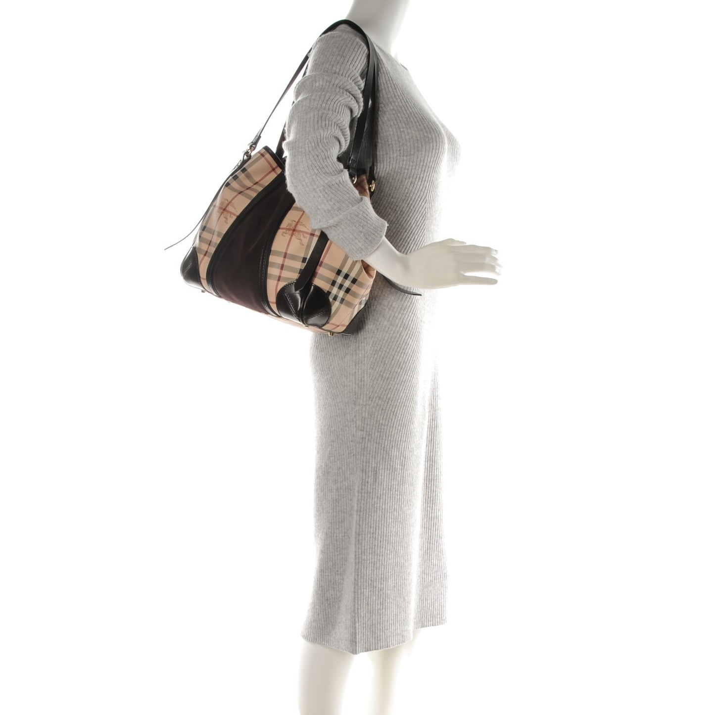 Suede Haymarket Check Colorblock Small Canterbury Tote Dark Brown