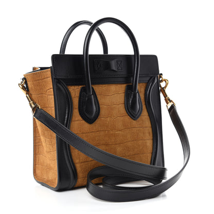 Celine Crocodile Embossed Nubuck Smooth Calfskin Bi-Color Nano Luggage Havana Black 3 of 10