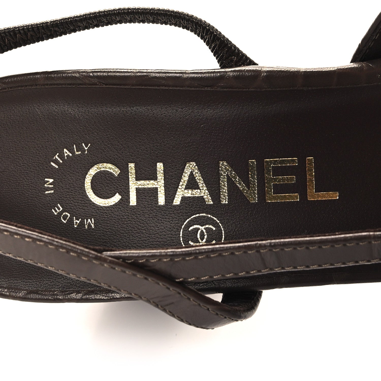 Chanel Calfskin Crocodile Embossed Patent Cap Toe CC Slingback Pumps 37.5 Chocolate Black 8 of 8
