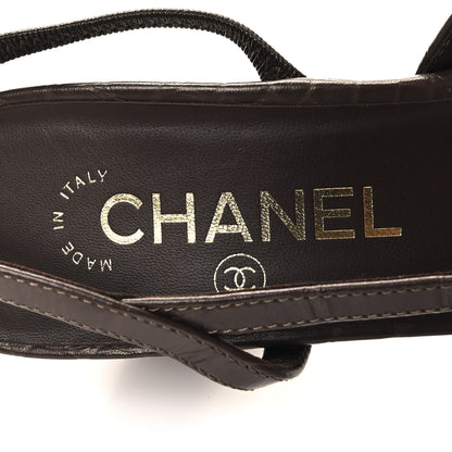 Chanel Calfskin Crocodile Embossed Patent Cap Toe CC Slingback Pumps 37.5 Chocolate Black 8 of 8