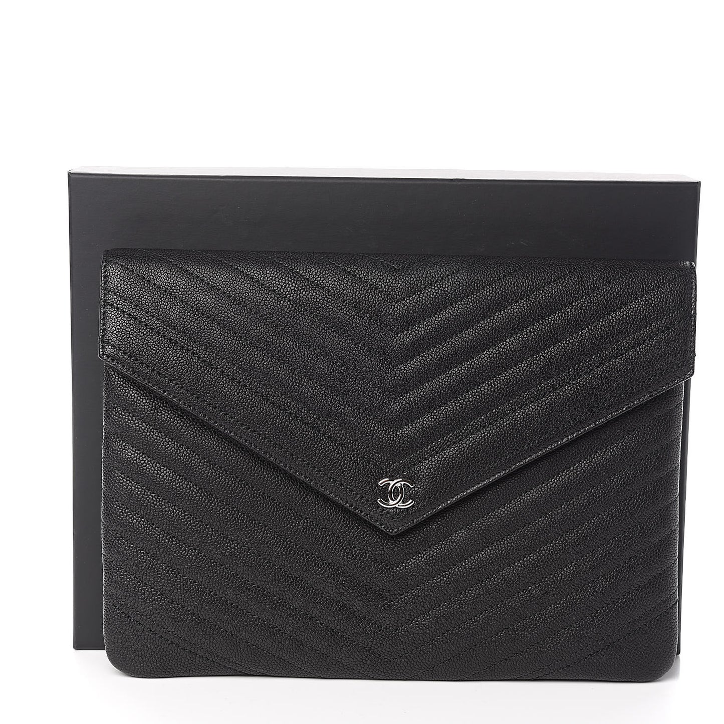 Calfskin Chevron Quilted Small Envelope Clutch Black