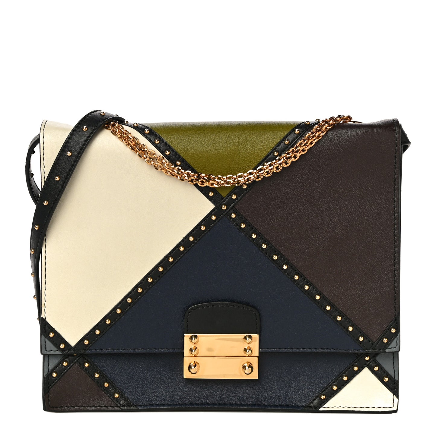 Calfskin Studded Colorblock Patchwork Shoulder Bag Multicolor