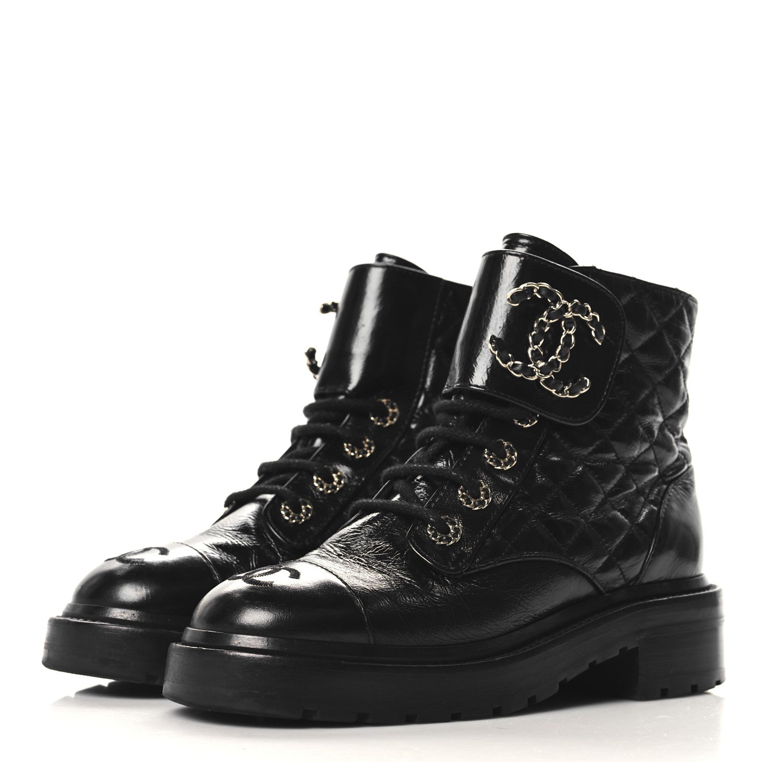 Chanel Shiny Calfskin Quilted Lace Up Combat Boots 35 Black 4 of 9