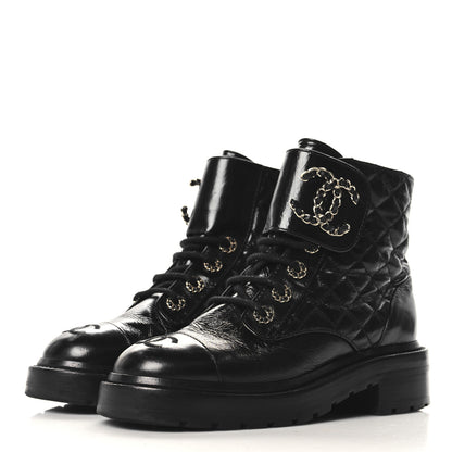 Chanel Shiny Calfskin Quilted Lace Up Combat Boots 35 Black 4 of 9
