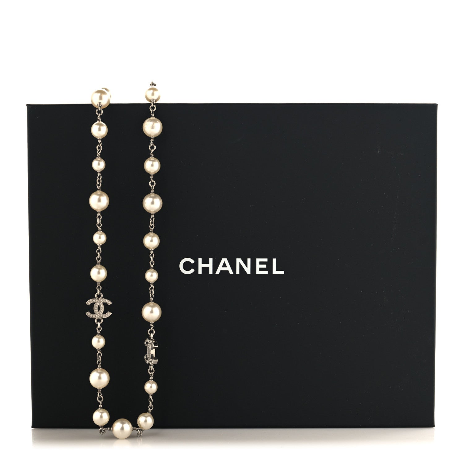 Chanel Graduated Pearl Crystal CC Long Necklace Silver 5 of 5