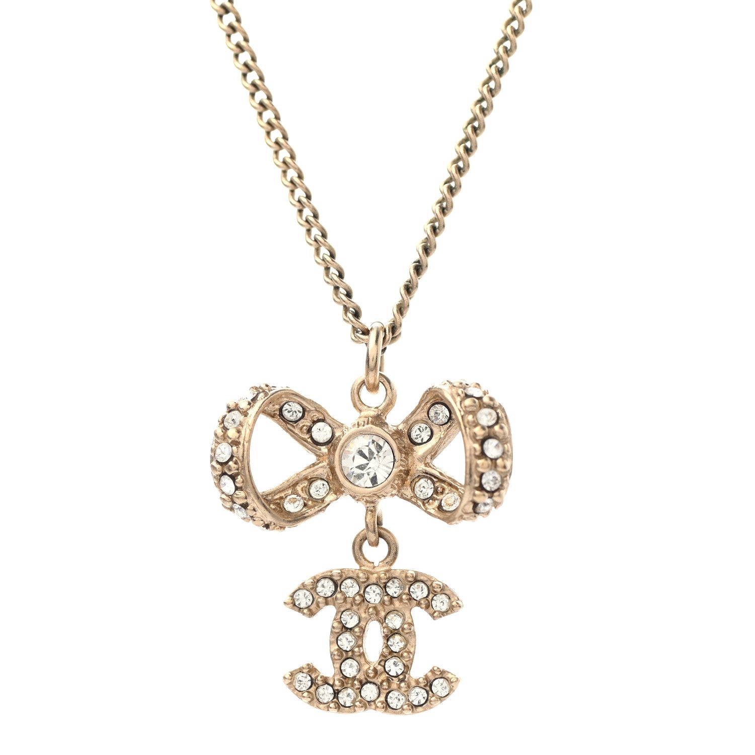 Chanel Metal Crystal CC Bow Drop Necklace Gold 4 of 5