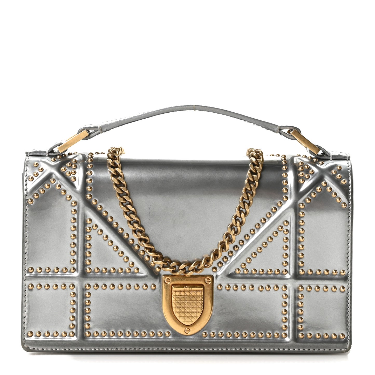 Metallic Patent Studded Diorama Top Handle Wallet on Chain Pouch Silver