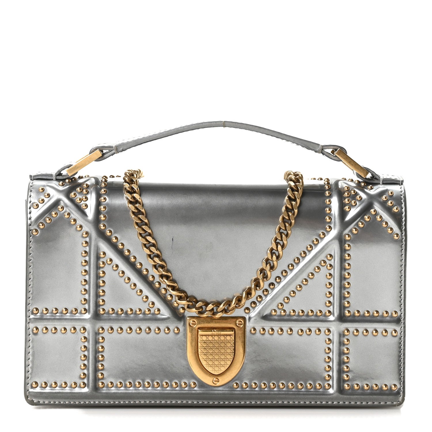 Christian Dior Metallic Patent Studded Diorama Top Handle Wallet on Chain Pouch Silver 1 of 11