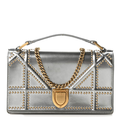 Christian Dior Metallic Patent Studded Diorama Top Handle Wallet on Chain Pouch Silver 1 of 11