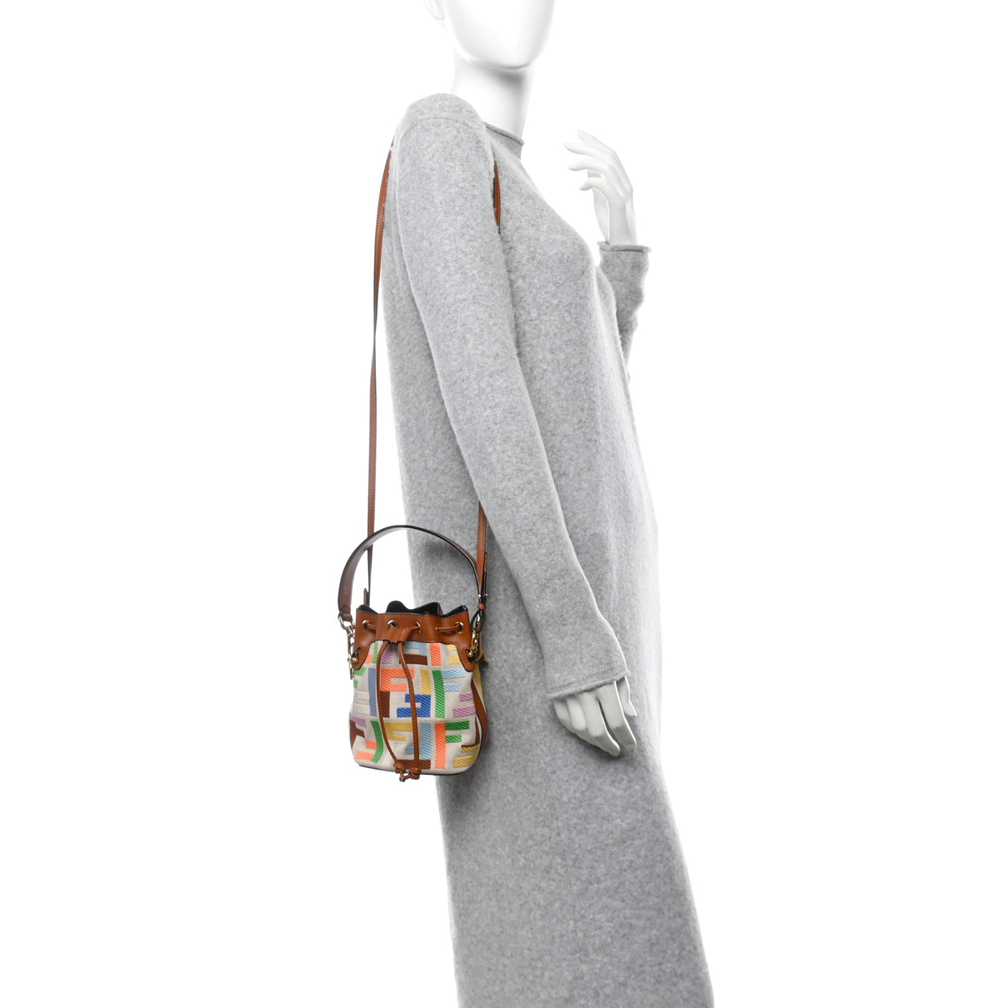 Kuban Canvas Vitello King F is Fendi FF Embroidered Mini Mon Tresor Bucket Bag Multicolor Cuoio