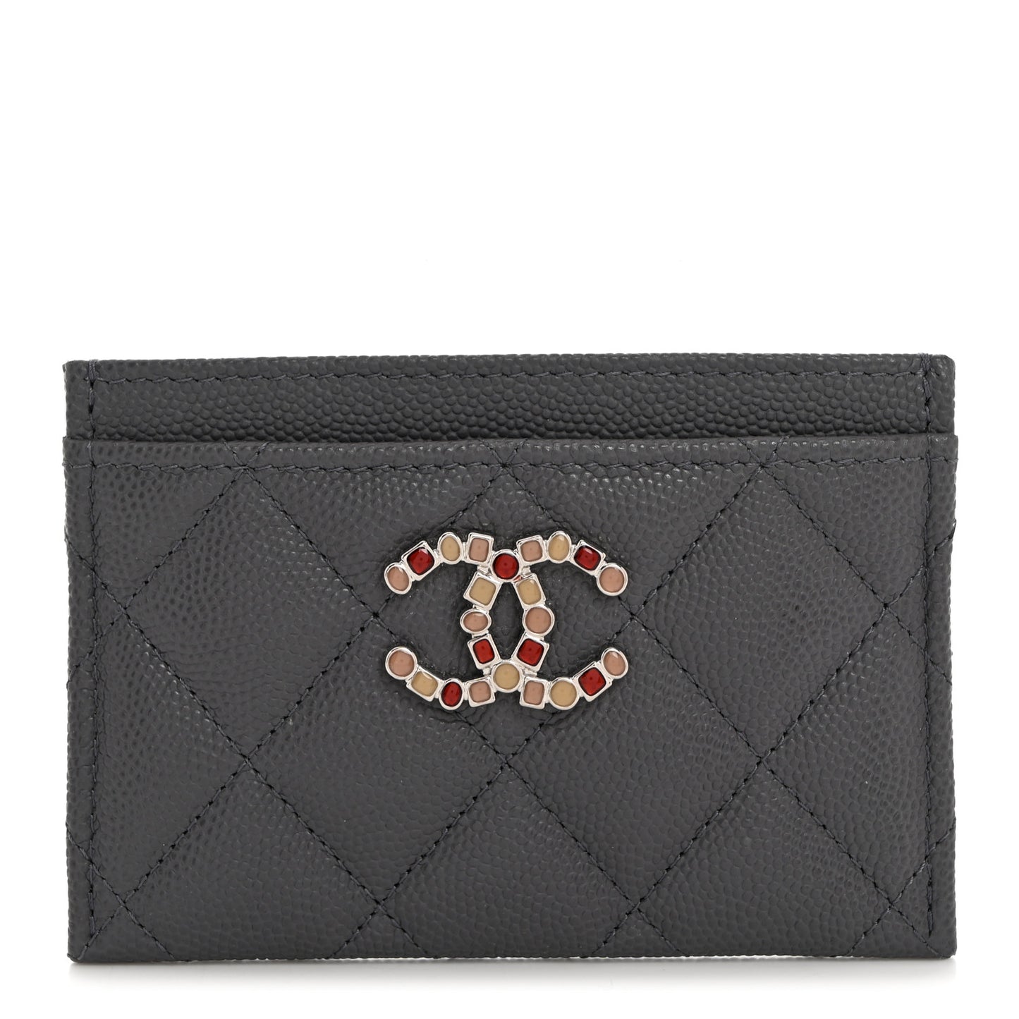 Shiny Caviar Enamel Quilted CC Flap Card Holder Grey