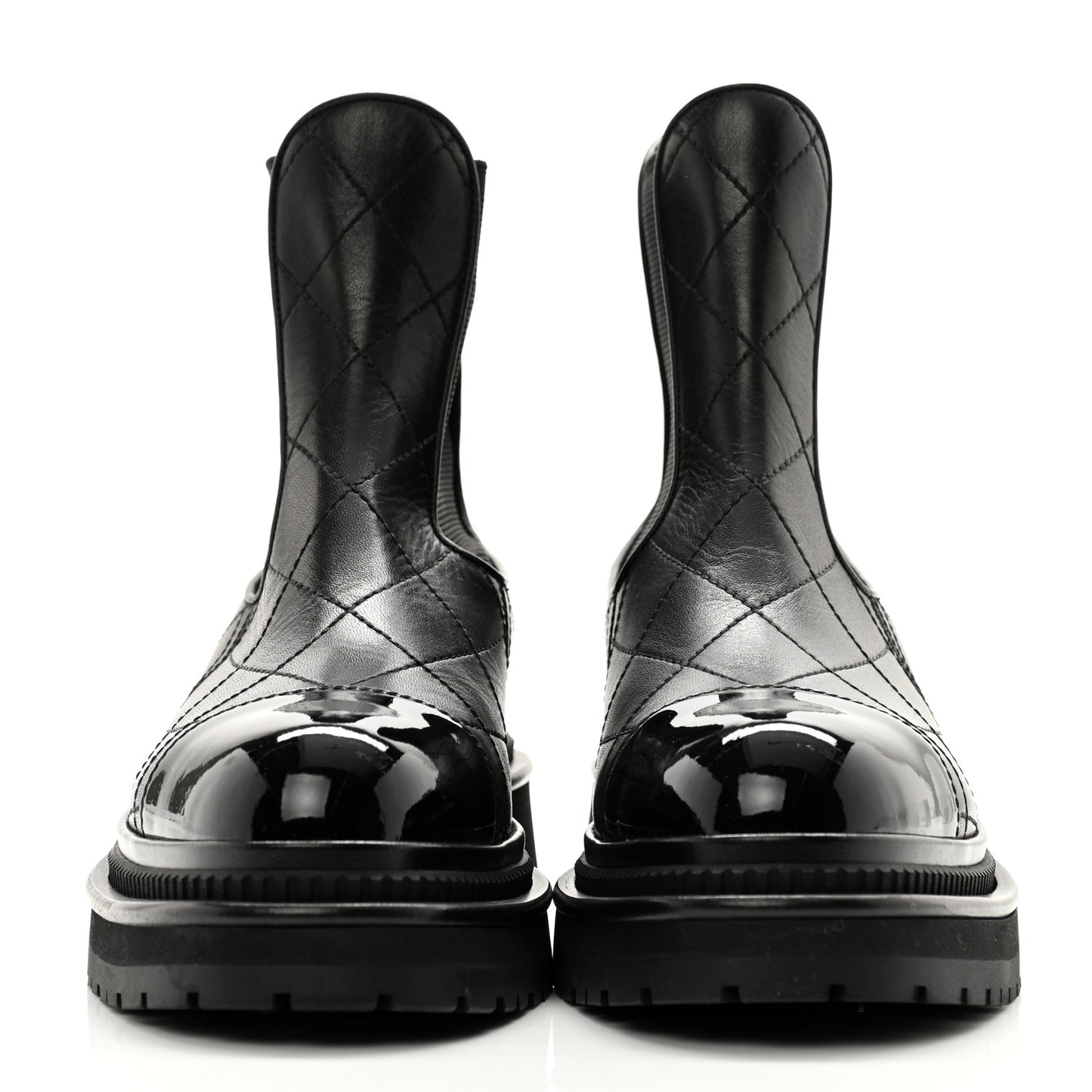 Calfskin Patent Cap Toe Quilted Short Boots 36 Black