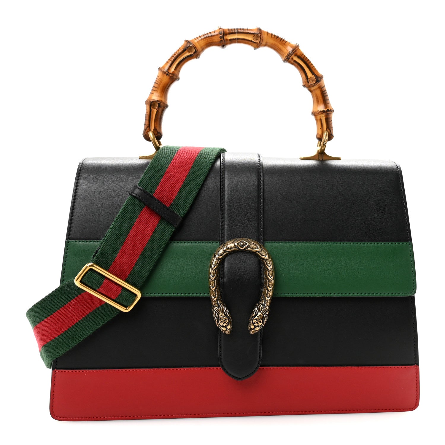 Gucci Calfskin Bamboo Web Large Dionysus Top Handle Bag Black Bright Evergreen Hibiscus Red 1 of 10