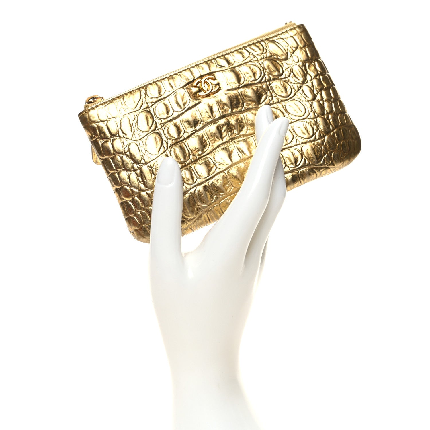 Chanel Metallic Calfskin Crocodile Embossed Cocodile Small Cosmetic Case Gold 2 of 9