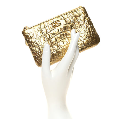 Chanel Metallic Calfskin Crocodile Embossed Cocodile Small Cosmetic Case Gold 2 of 9