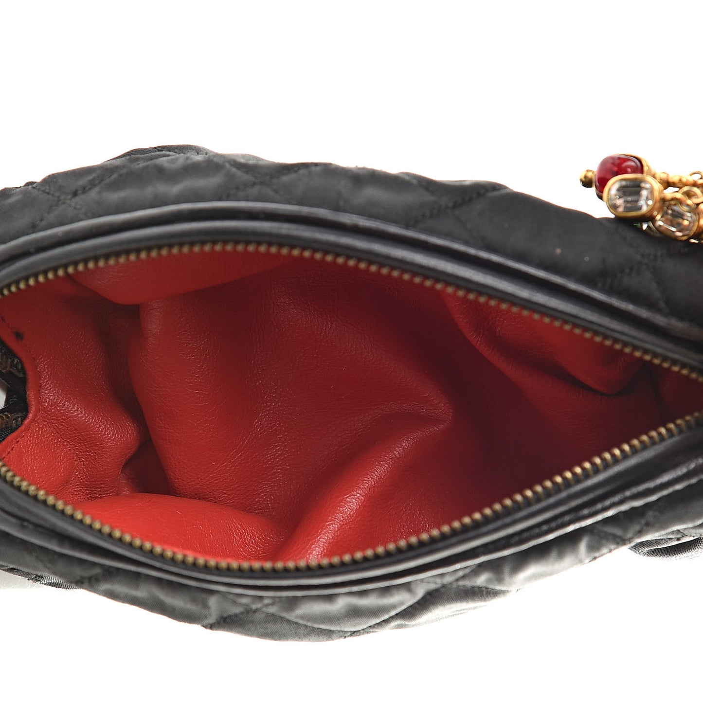 Satin Round Quilted Jeweled Charm Cosmetic Case Black