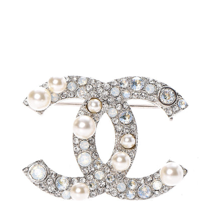 Chanel Pearl Crystal CC Mini Brooch Silver 1 of 4