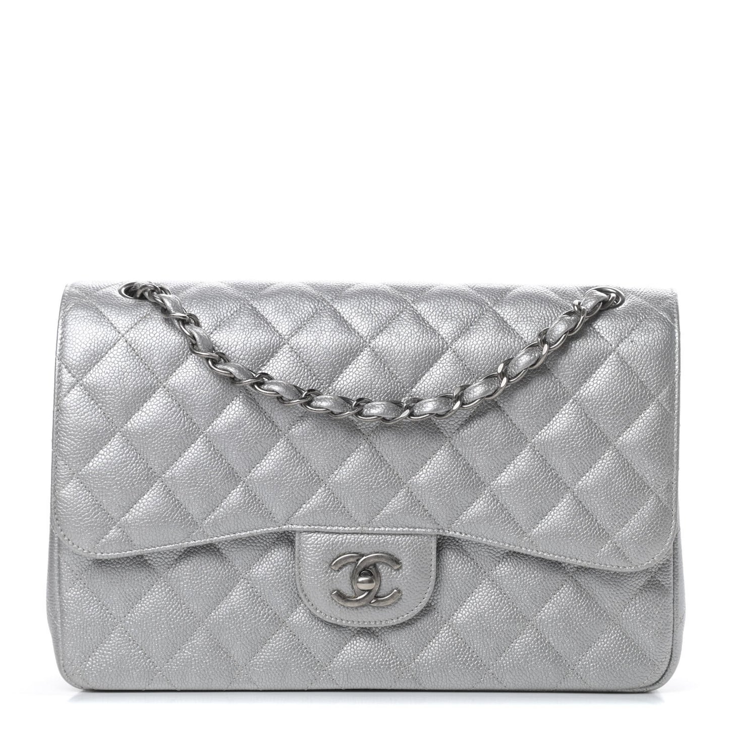 Metallic Caviar Quilted Jumbo Double Flap Silver