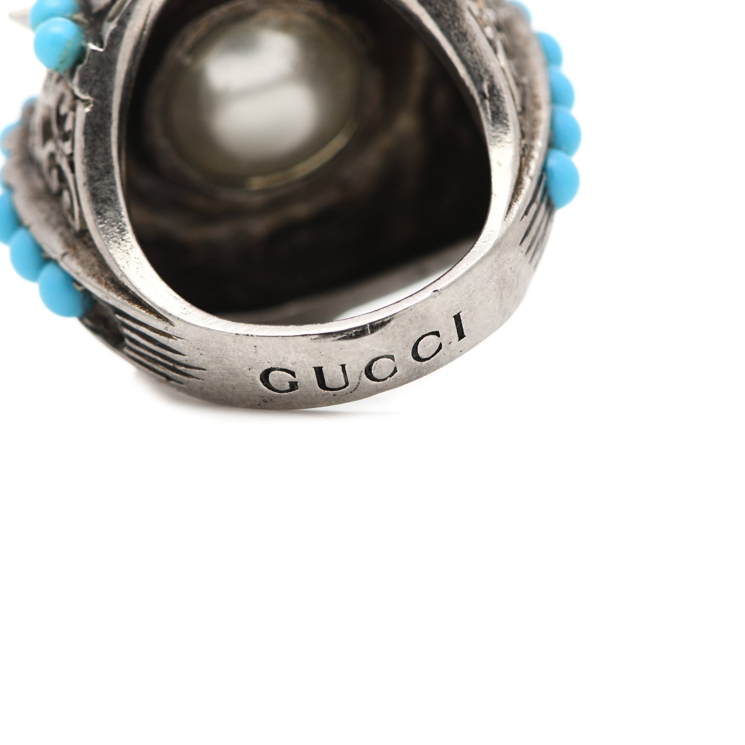 Gucci Pearl Beaded Spiked Ring 6.5 Silver Turquoise 5 of 8