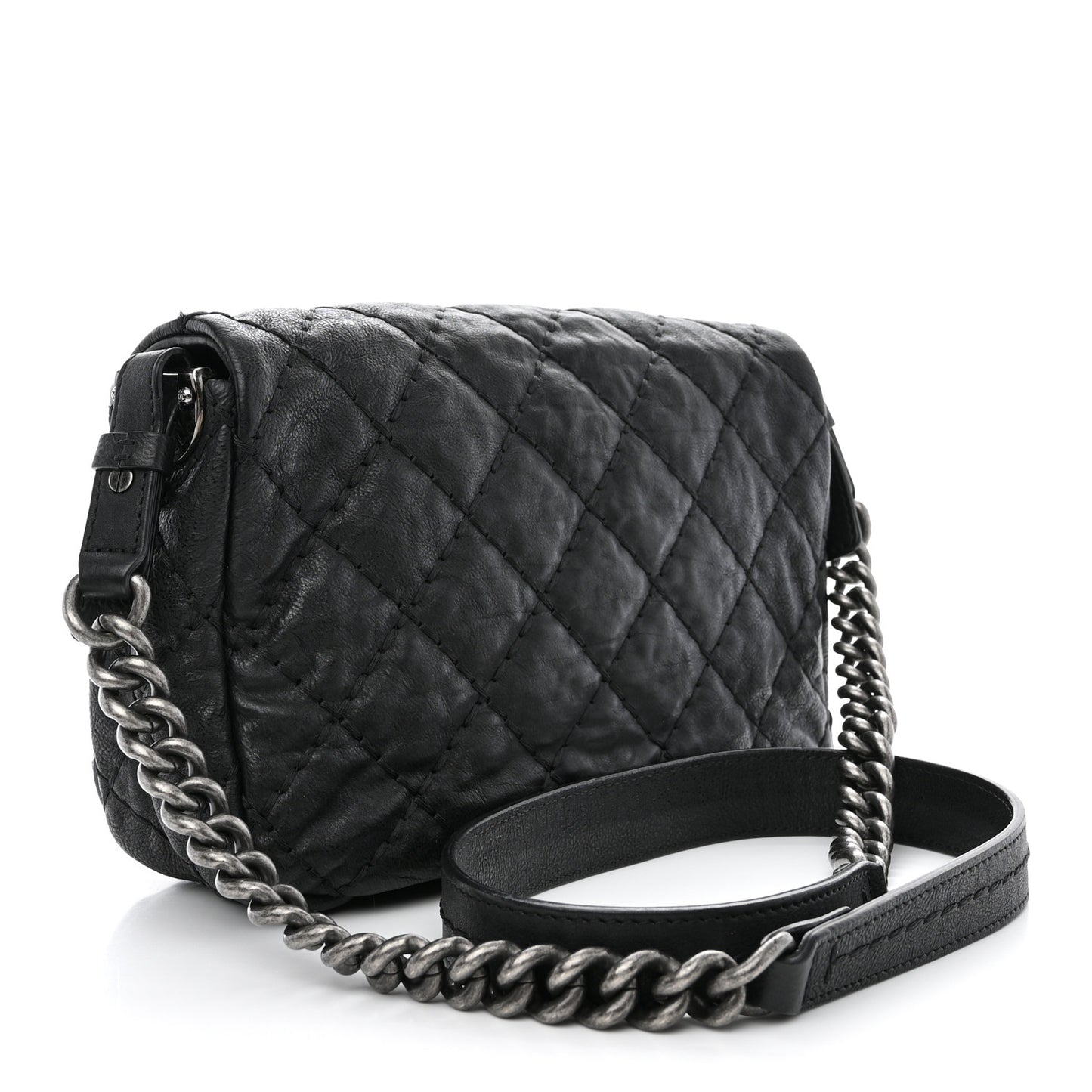 Calfskin Quilted Double Stitch Flap Black