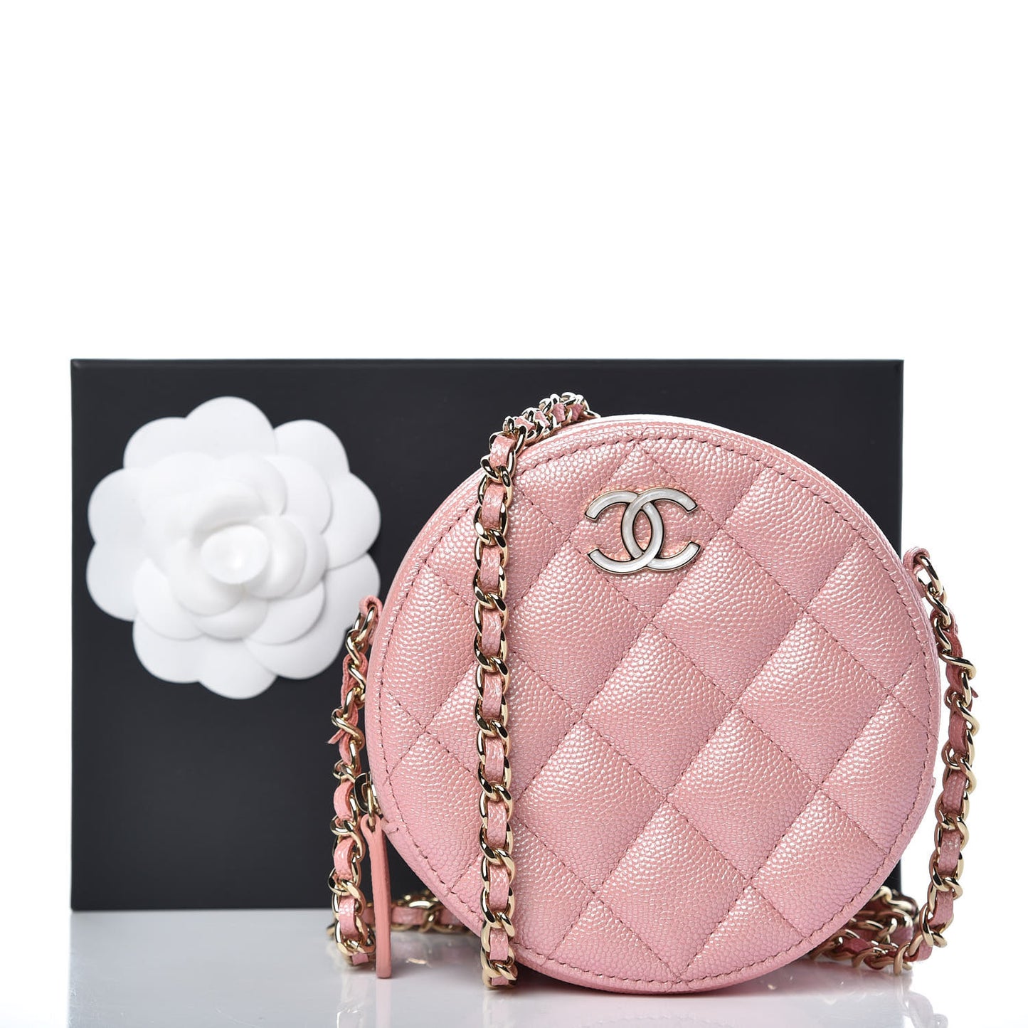 Iridescent Caviar Quilted Round Clutch With Chain Pink