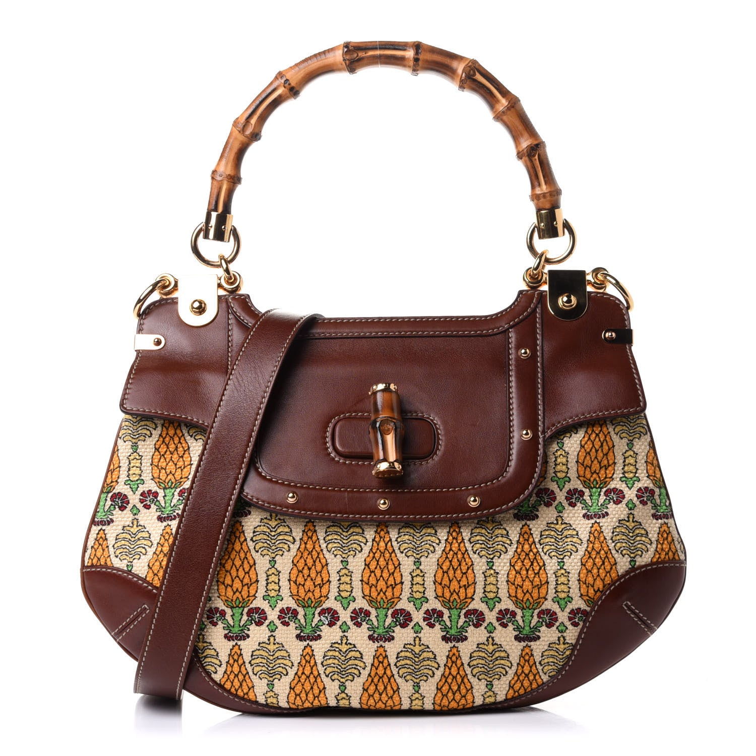 Gucci Canvas Pigna Print Peggy Bamboo Top Handle Bag Brown 1 of 10