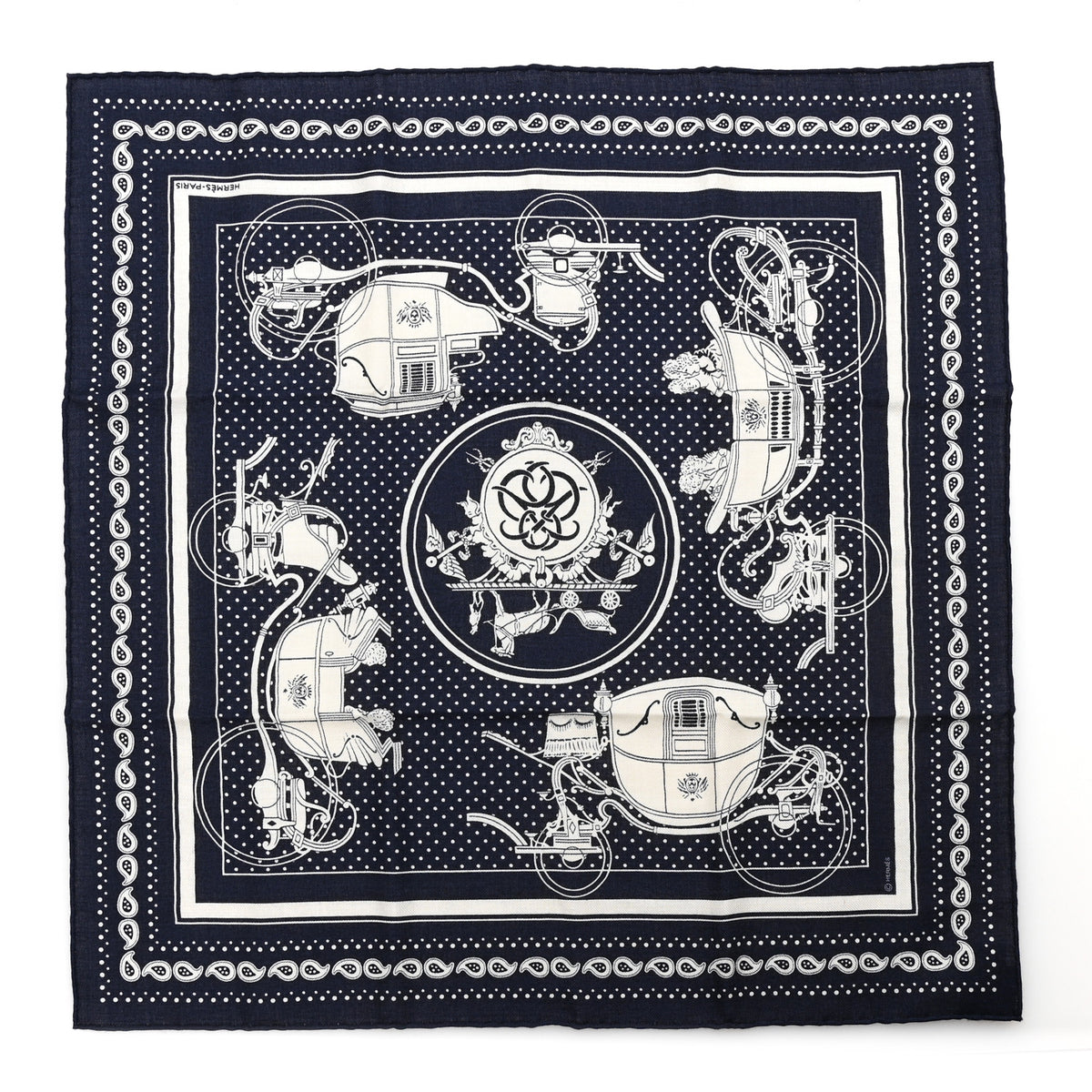 Hermes Cashmere Silk Ex Libris Bandana Scarf 55 Marine White Black 1 of 4