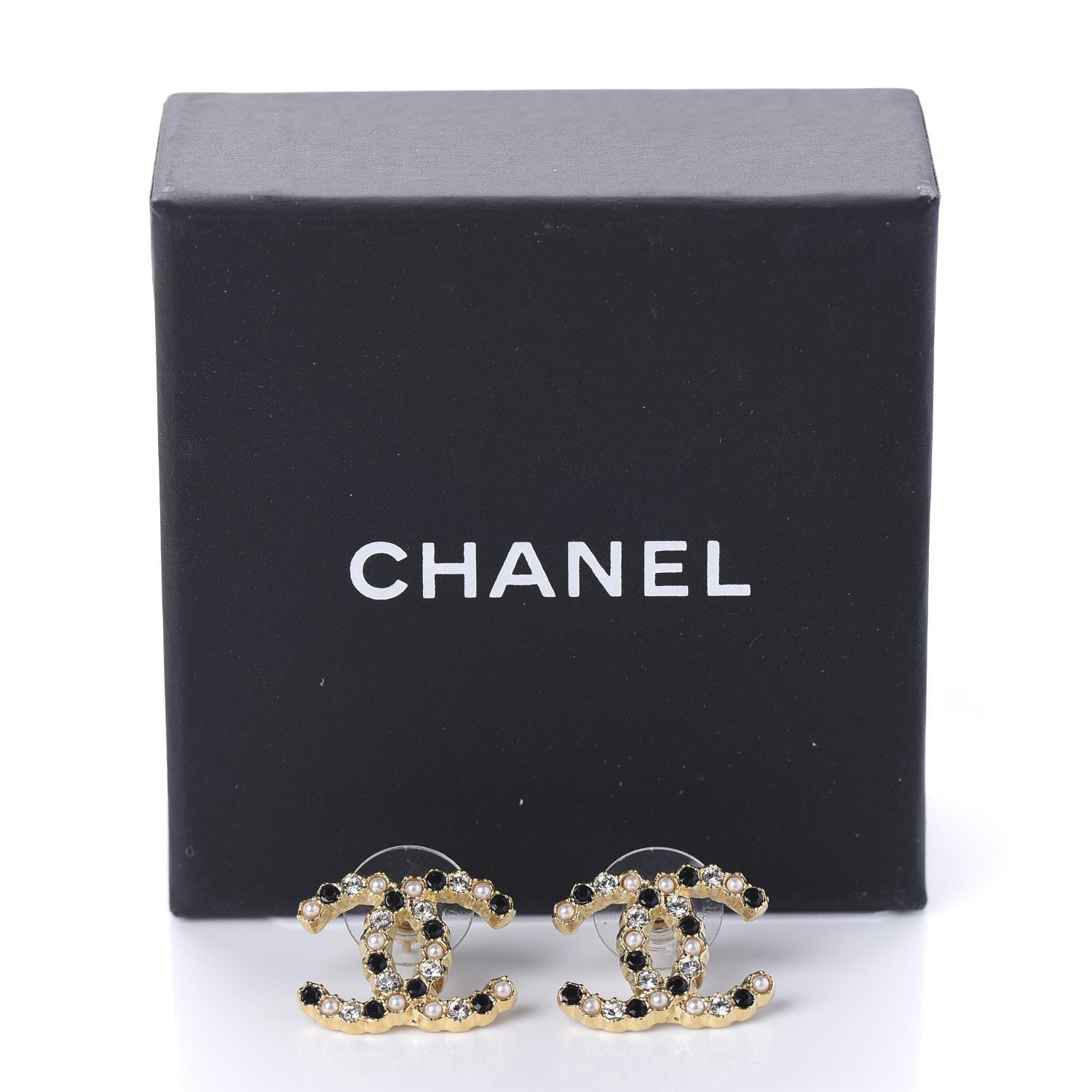 Chanel Resin Pearl Crystal CC Earrings Gold Black 5 of 5