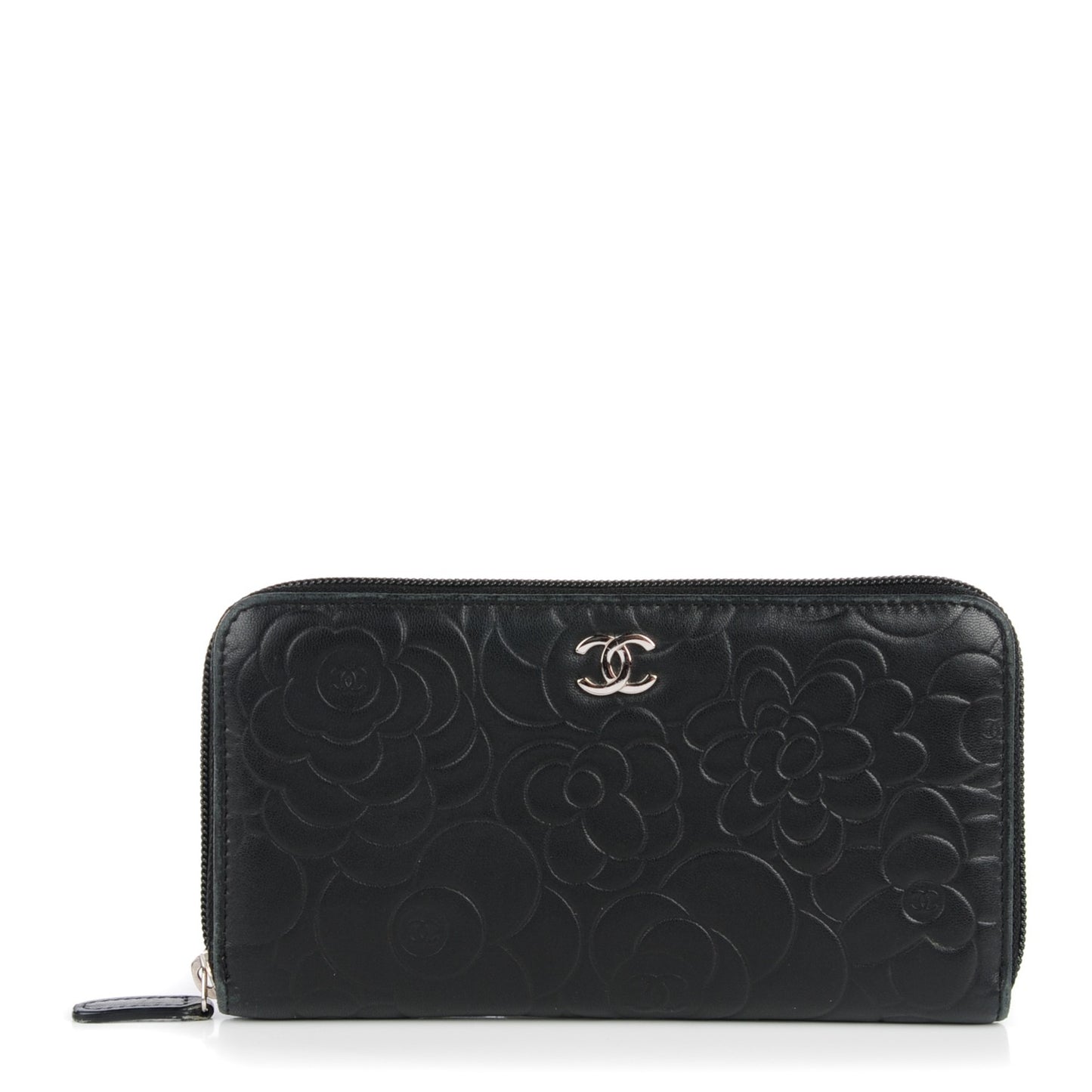 Lambskin Camellia Embossed Large Zip Around Gusset Wallet Black