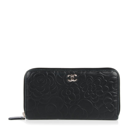 Chanel Lambskin Camellia Embossed Large Zip Around Gusset Wallet Black 1 of 12