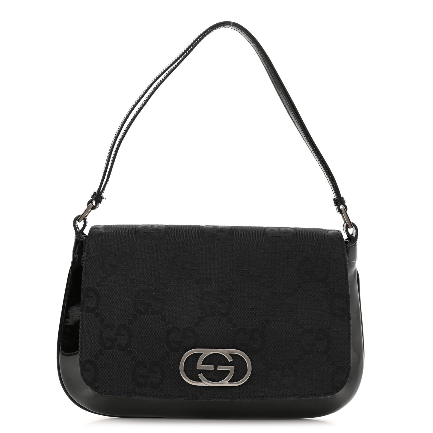 Patent Jumbo Monogram Canvas Shoulder Bag Black