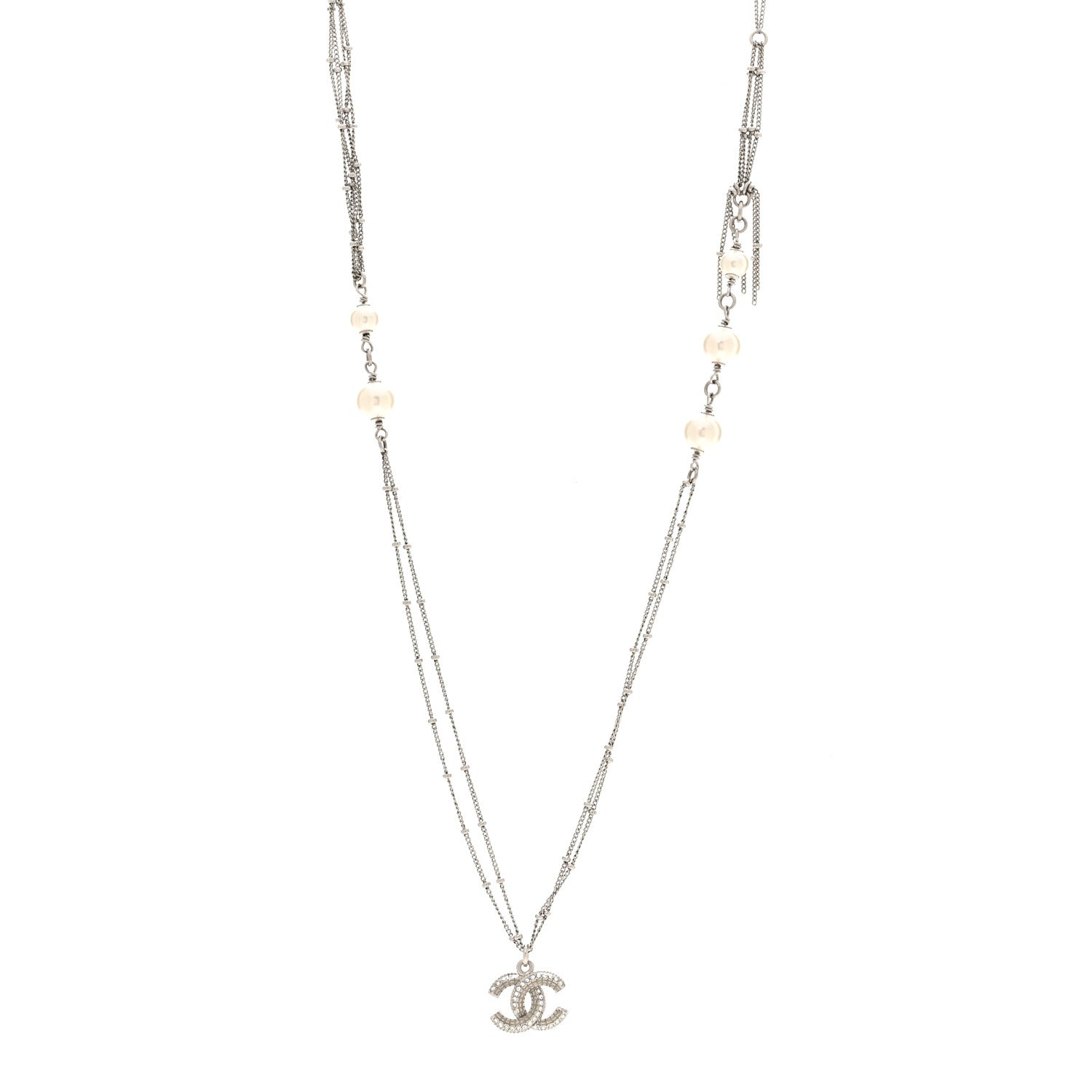 Chanel Baguette Crystal Pearl CC Necklace Silver 1 of 5