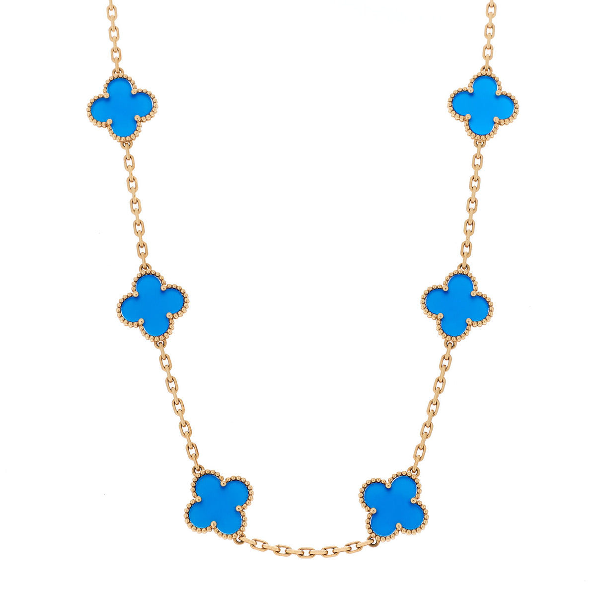 18K Yellow Gold Blue Agate 10 Motifs Vintage Alhambra Necklace